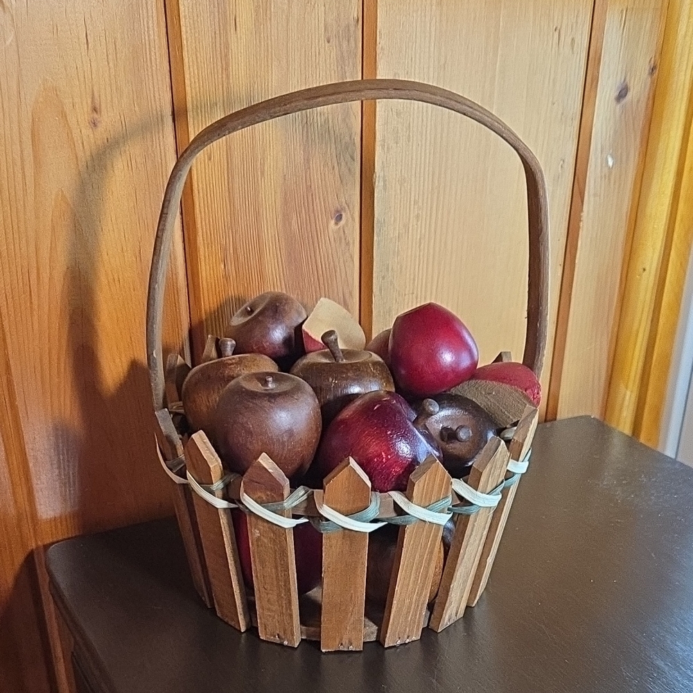 Wood Apples In Picket Fence Design Basket
